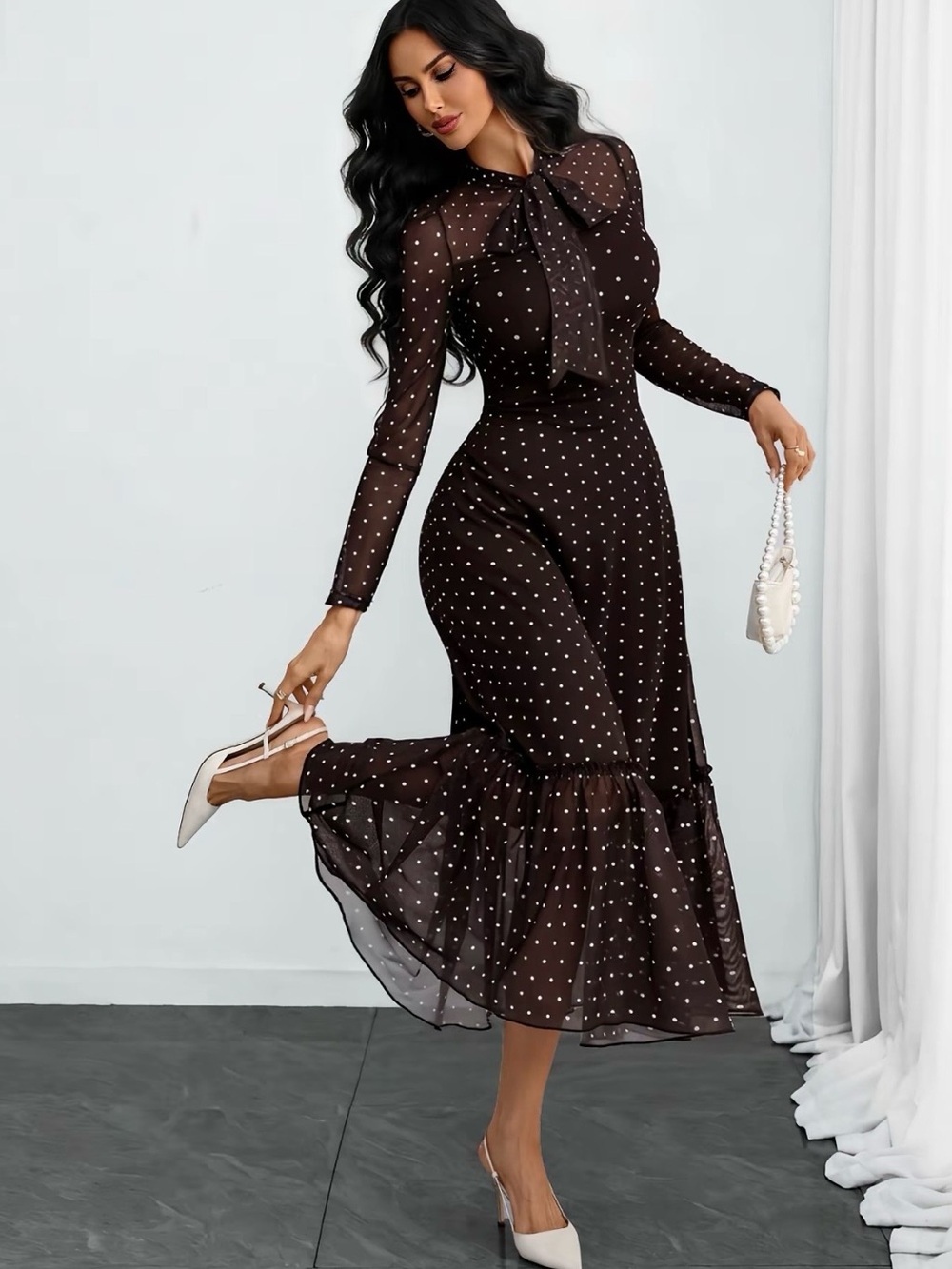 Elegant Brown Polka Dot Long-Sleeve Tie-Neck Midi Dress